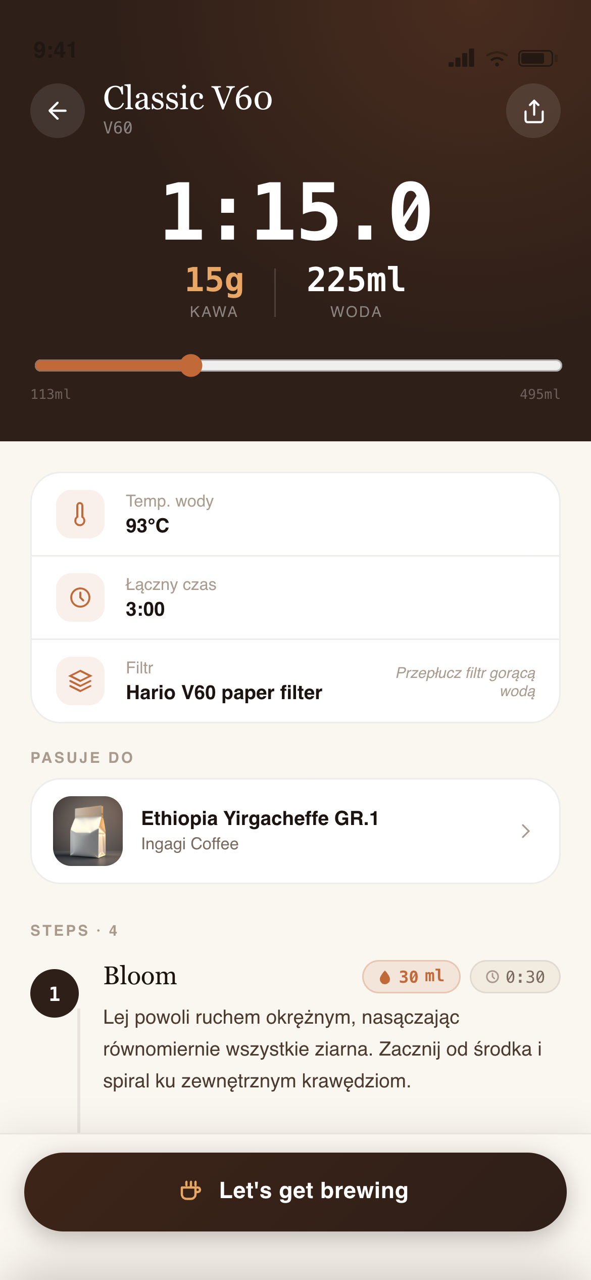 Ekran przewodnika parzenia w aplikacji CoffeeBase