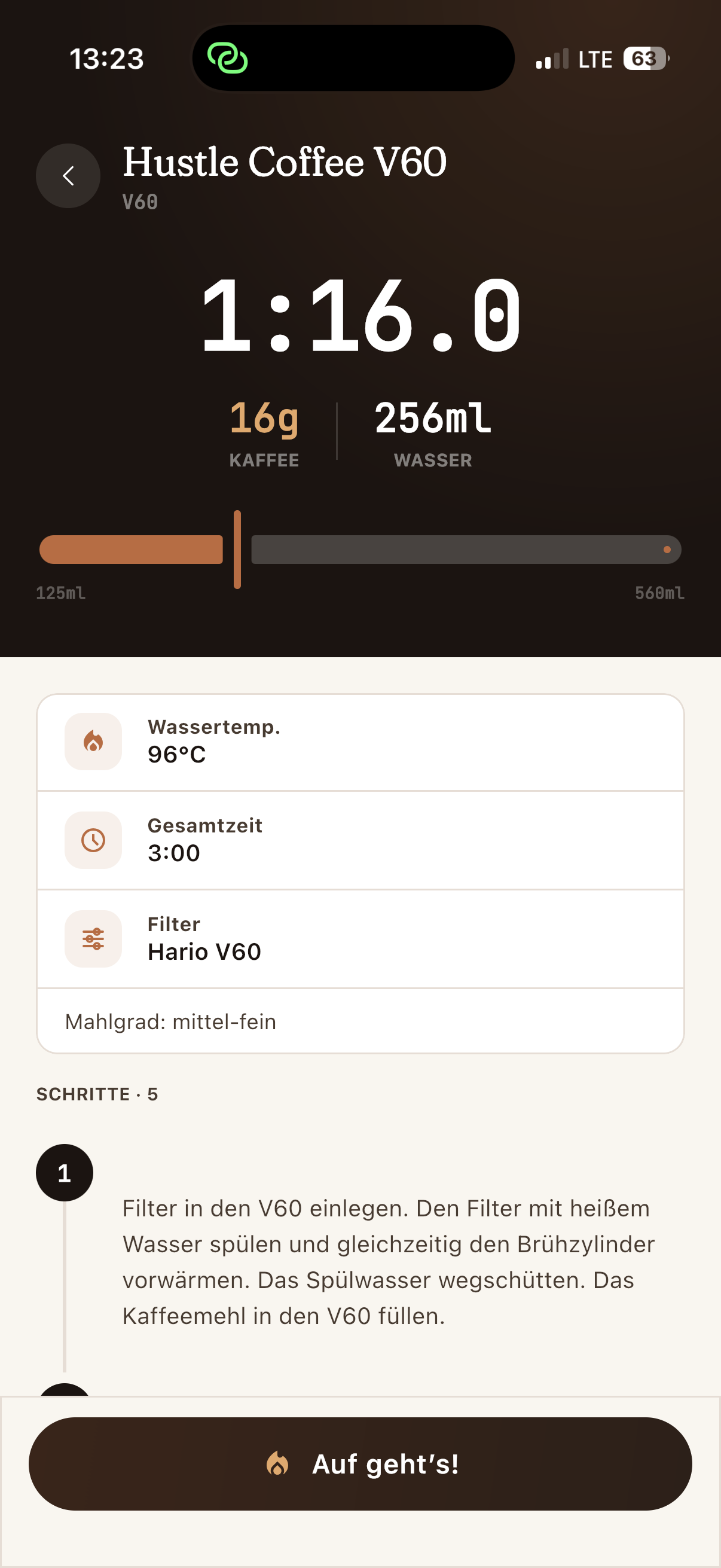 Brüh-Guide-Ansicht in der CoffeeBase-App