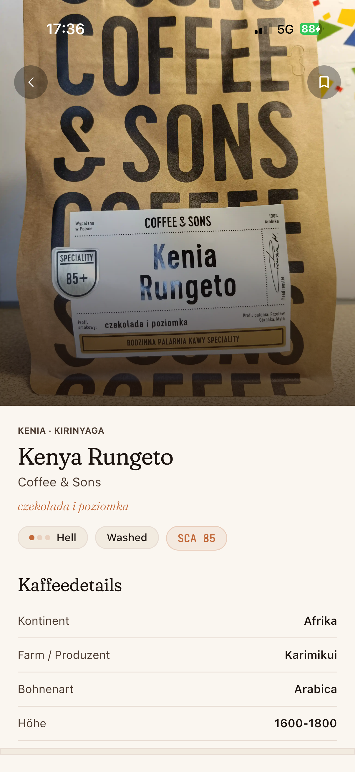 Kaffee-Detailansicht in der CoffeeBase-App