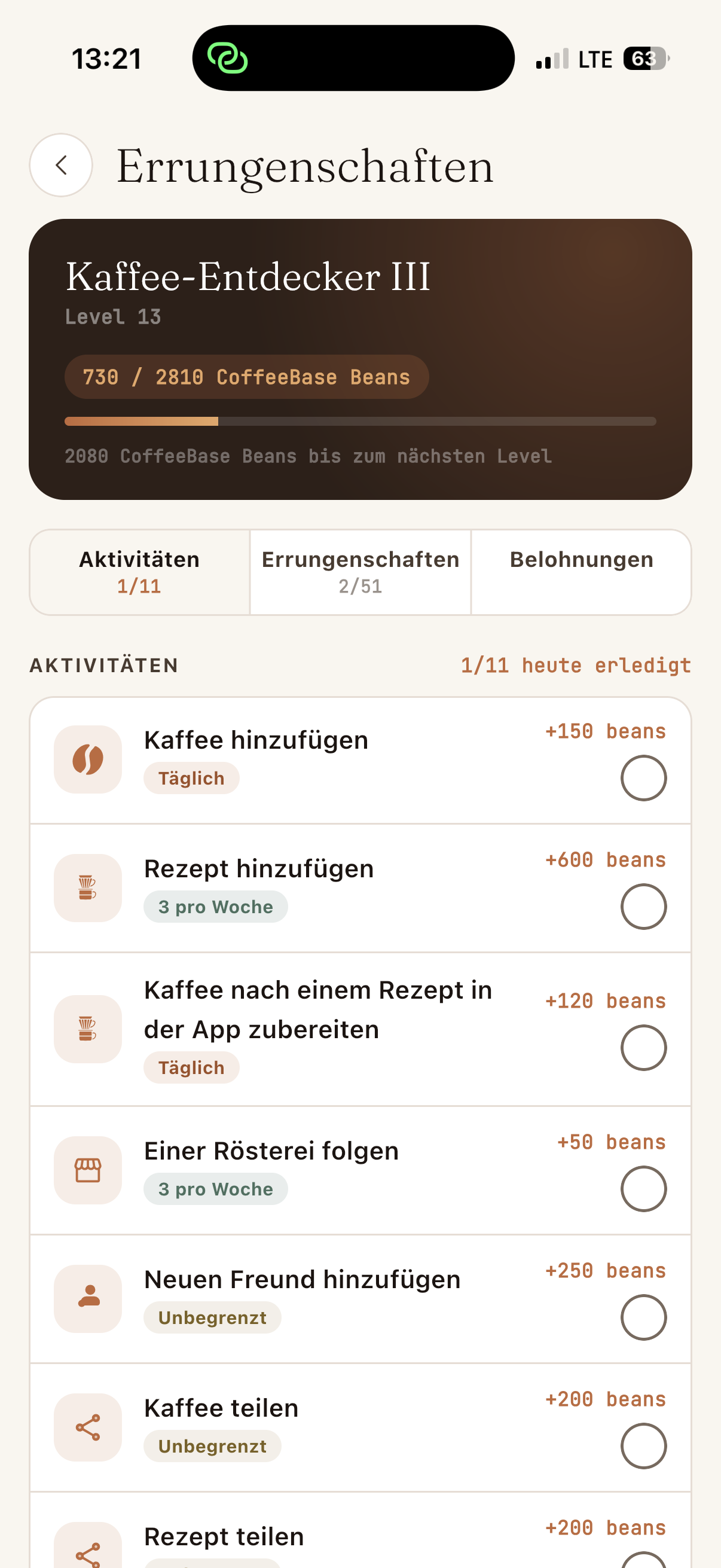 Gamification-Ansicht in der CoffeeBase-App