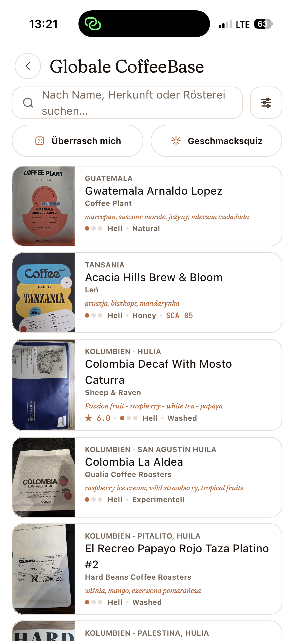 Kaffee-Entdeckungsansicht in der CoffeeBase-App