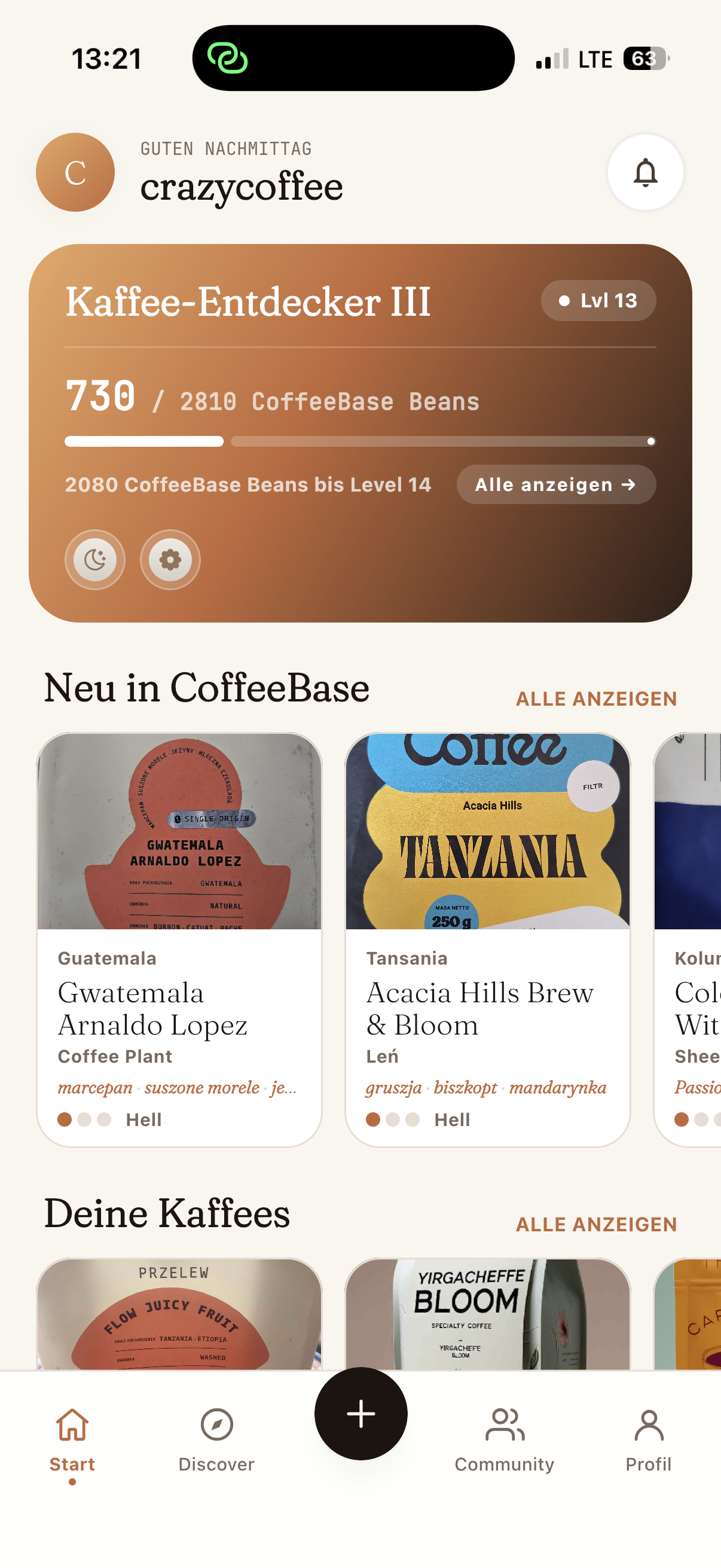 Startbildschirm der CoffeeBase-App