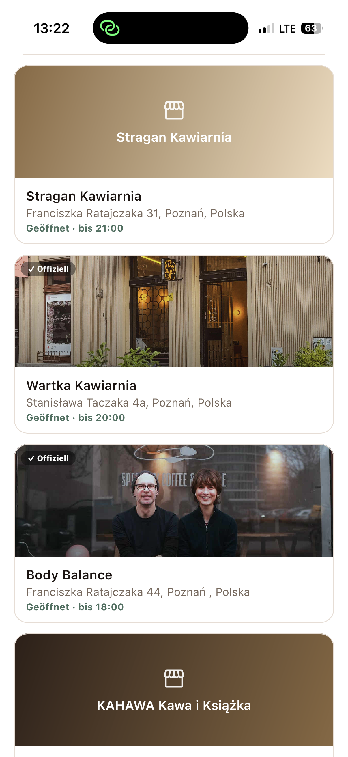Café-Listenansicht in der CoffeeBase-App