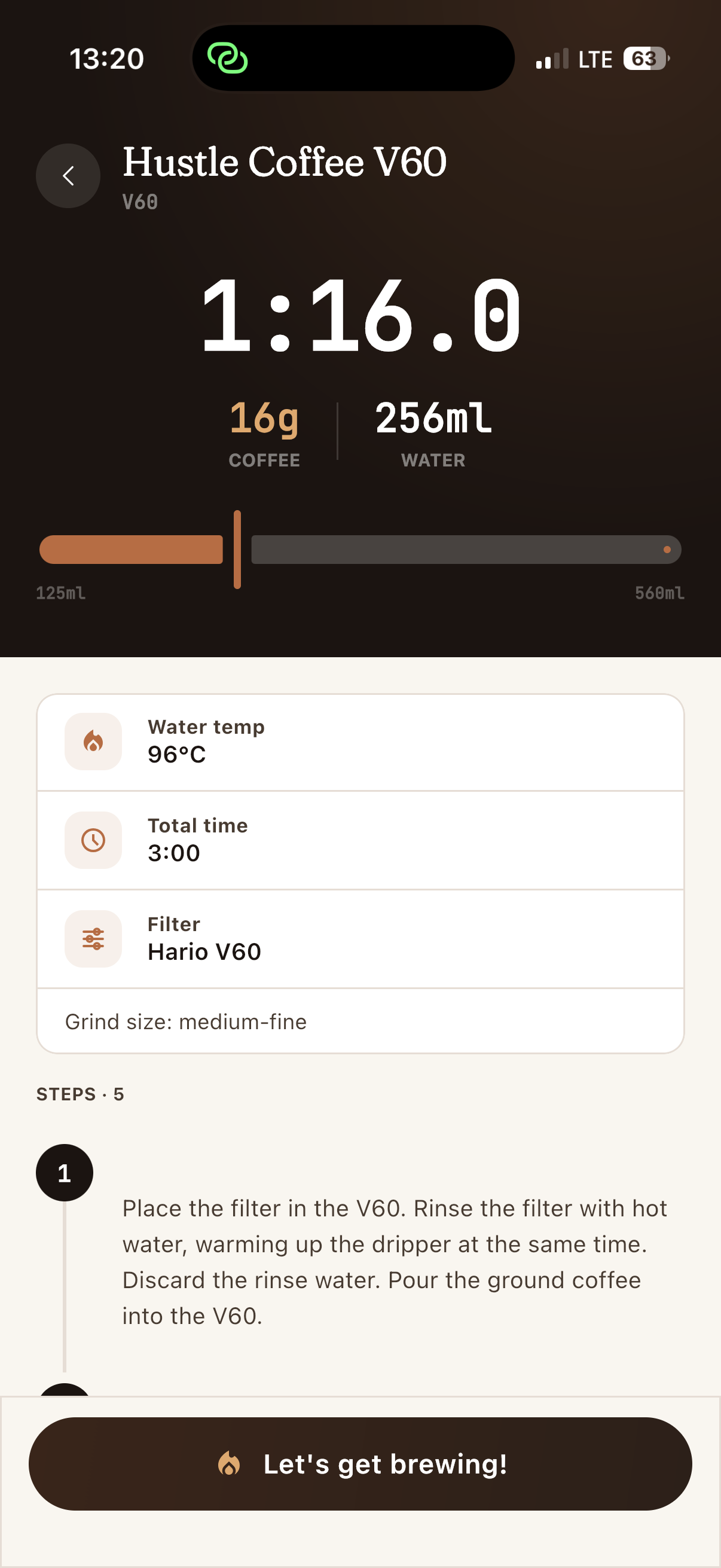 Brew guide screen in the CoffeeBase app