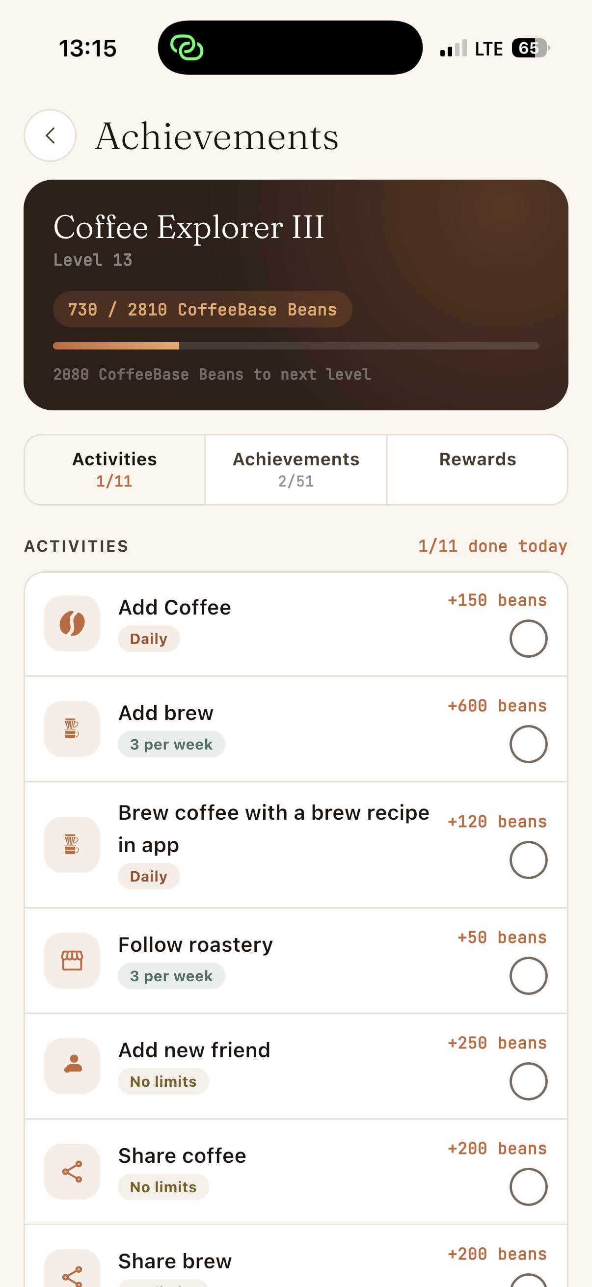 Gamification screen in the CoffeeBase app