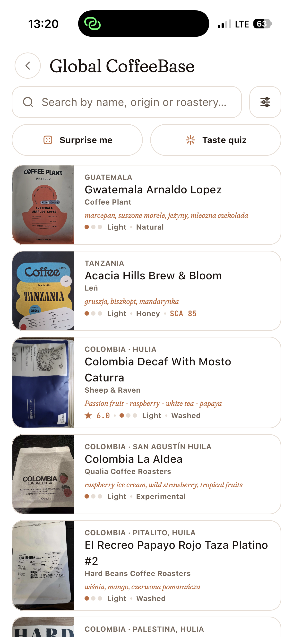 Coffee discovery screen in the CoffeeBase app