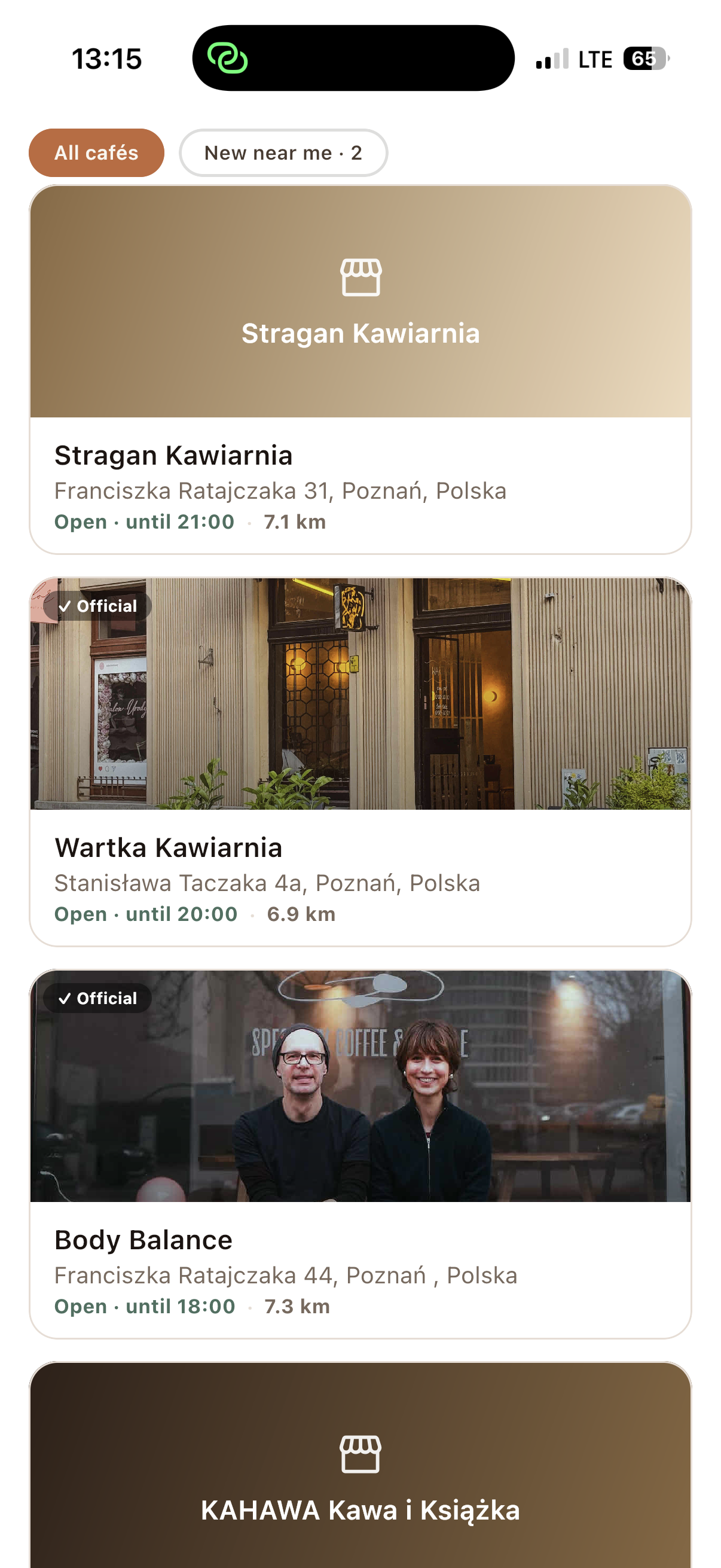 Café list screen in the CoffeeBase app