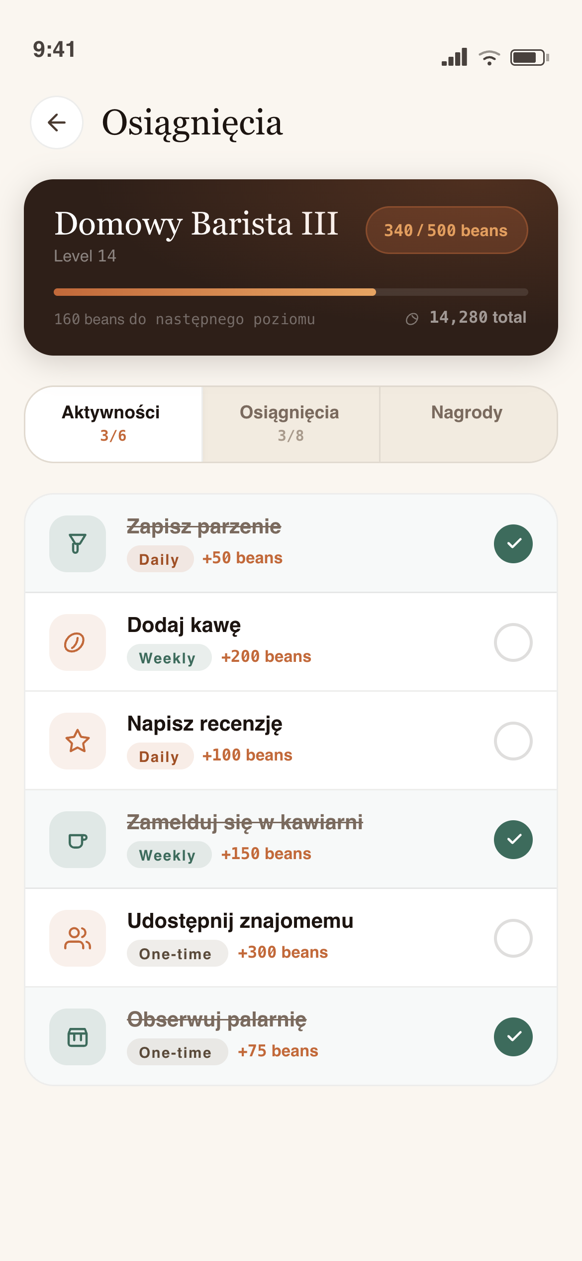 Ekran grywalizacji w aplikacji CoffeeBase
