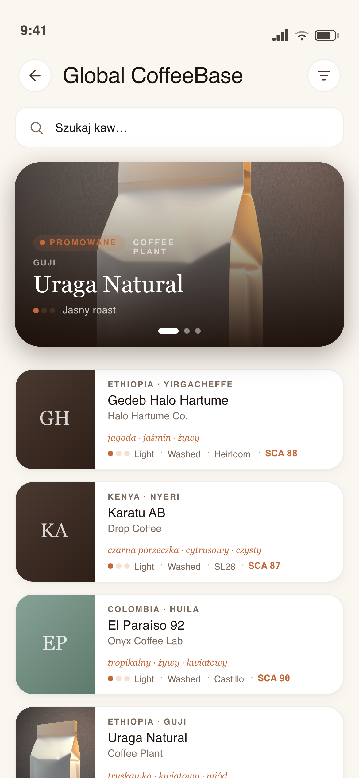 Ekran odkrywania kaw w aplikacji CoffeeBase