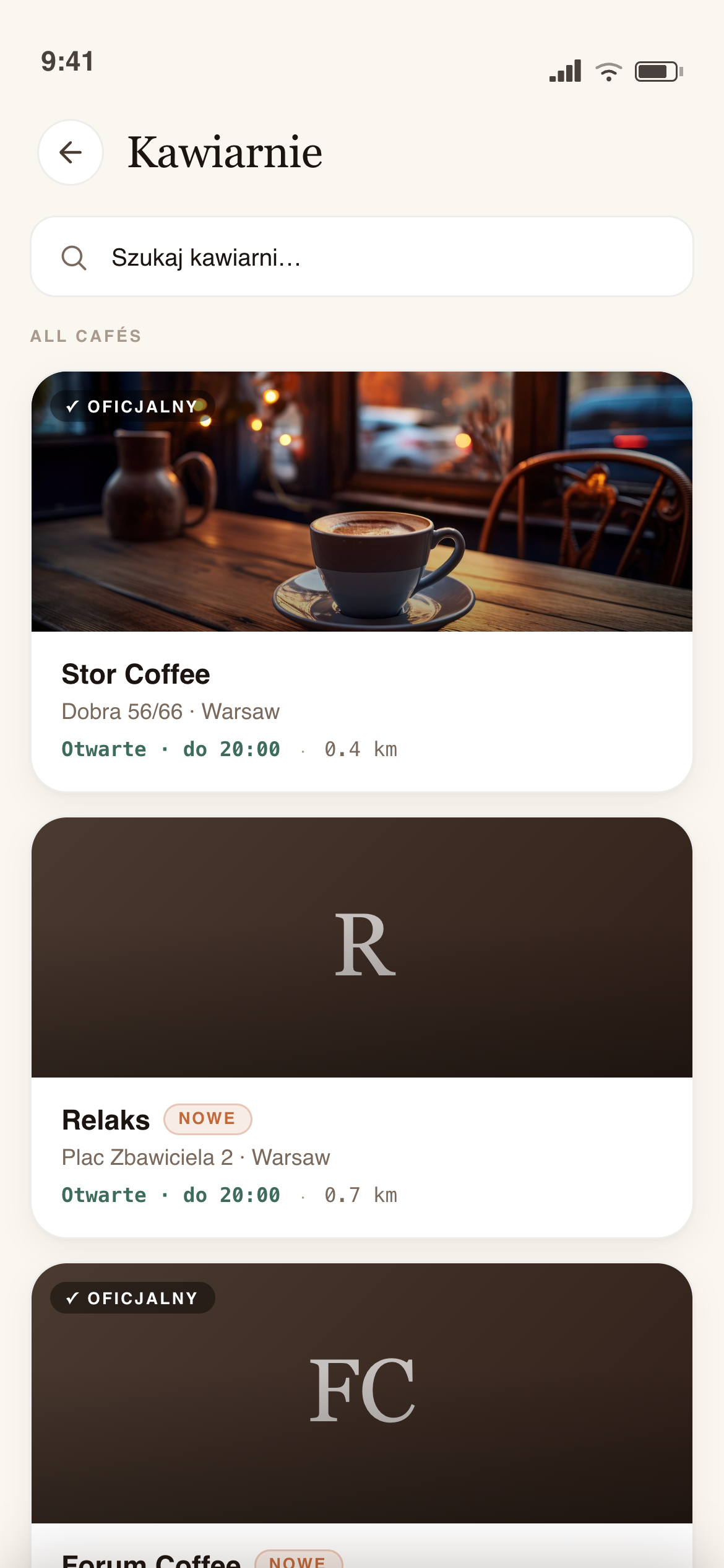 Ekran listy kawiarni w aplikacji CoffeeBase